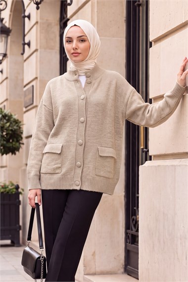 Womens Two-Pocket Mock-Neck Button-Front Relaxed Knit Cardigan - Mink