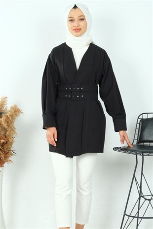 Çift Kemerli Önü Pileli Ceket -Siyah
