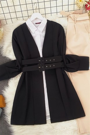 Çift Kemerli Önü Pileli Ceket -Siyah