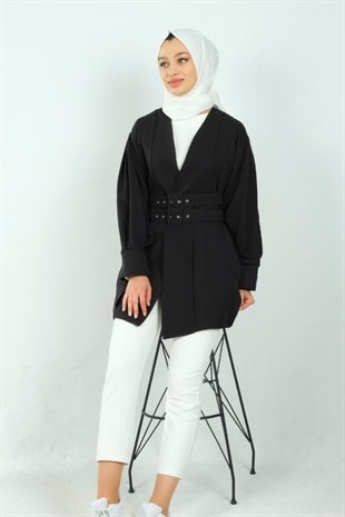 Çift Kemerli Önü Pileli Ceket -Siyah