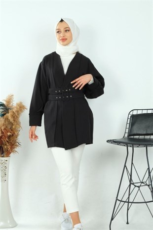 Çift Kemerli Önü Pileli Ceket -Siyah