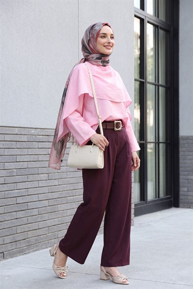 Çıkarılabilir Pelerinli Oversize Modal Tunik  -Pembe