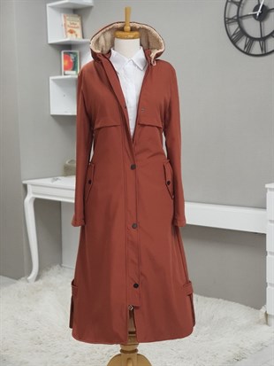 Çıkma Kapşonlu Çıtçıtlı Fermuarlı Uzun Kaban -Kiremit