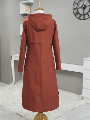 Çıkma Kapşonlu Çıtçıtlı Fermuarlı Uzun Kaban -Kiremit