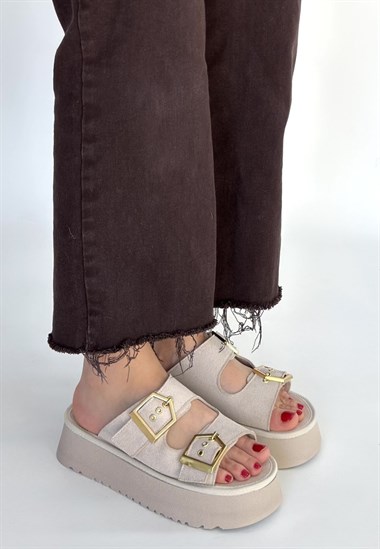 Coer Süet Çift Tokalı Terlik -Bej