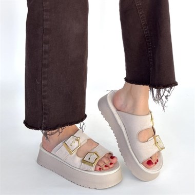 Coer Süet Çift Tokalı Terlik -Bej