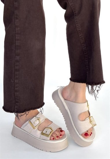 Coer Süet Çift Tokalı Terlik -Bej