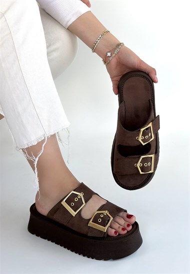 Coer Süet Çift Tokalı Terlik -Kahverengi