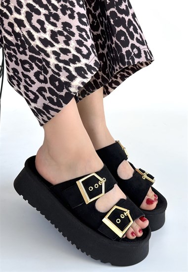 Coer Süet Çift Tokalı Terlik -Siyah