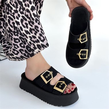 Coer Süet Çift Tokalı Terlik -Siyah