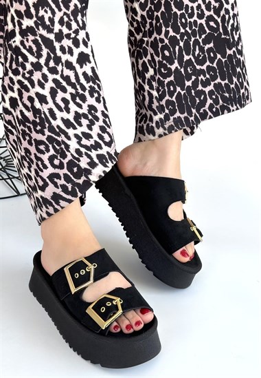 Coer Süet Çift Tokalı Terlik -Siyah