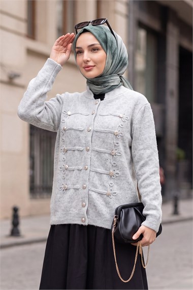 Womens Multi Button-Front Polo-Collar Soft Knit Cardigan - Light Gray