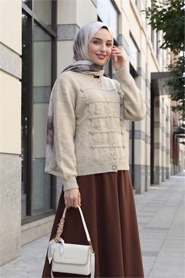 Womens Multi Button-Front Polo-Collar Soft Knit Cardigan - Beige