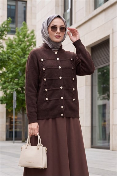 Womens Multi Button-Front Polo-Collar Soft Knit Cardigan - Dark Brown