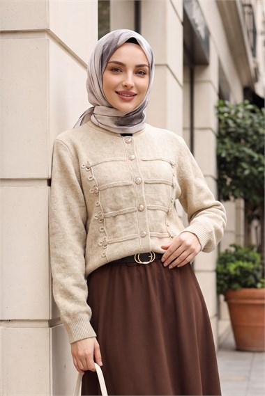Womens Multi Button-Front Polo-Collar Soft Knit Cardigan - Beige