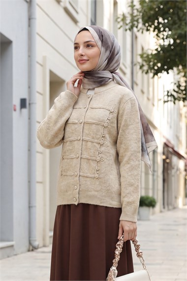 Womens Multi Button-Front Polo-Collar Soft Knit Cardigan - Beige