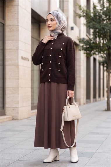 Womens Multi Button-Front Polo-Collar Soft Knit Cardigan - Dark Brown