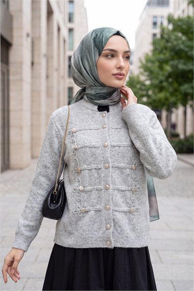 Womens Multi Button-Front Polo-Collar Soft Knit Cardigan - Light Gray