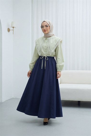 Dantelli Geniş Yakalı Bağcıklı Kolu Lastikli Poplin Gömlek -Su Yeşili