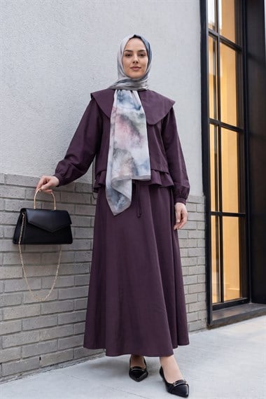 Denizci Yakalı Beli Lastikli Düğmeli Etekli Cupra Takım  -Mürdüm