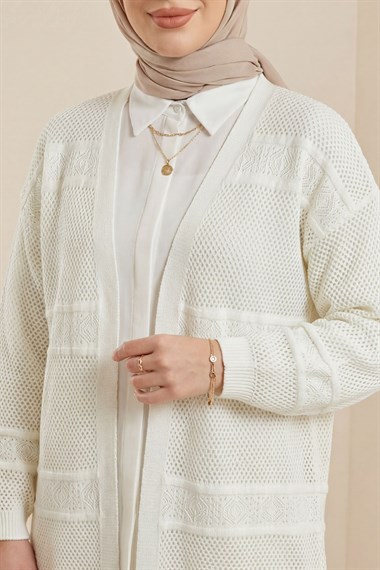 Desenli Ajurlu Triko Hırka   -Ekru