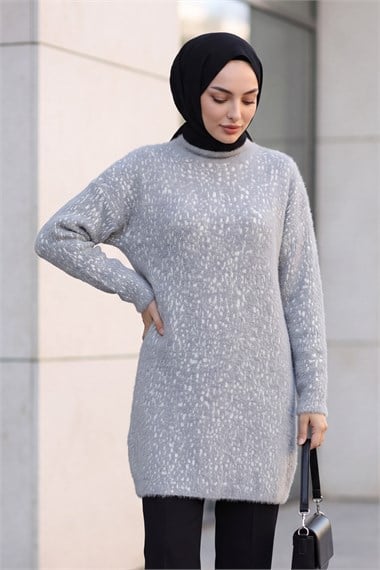 Dik Yaka Desenli Yumoş Triko Tunik  -Açık Gri