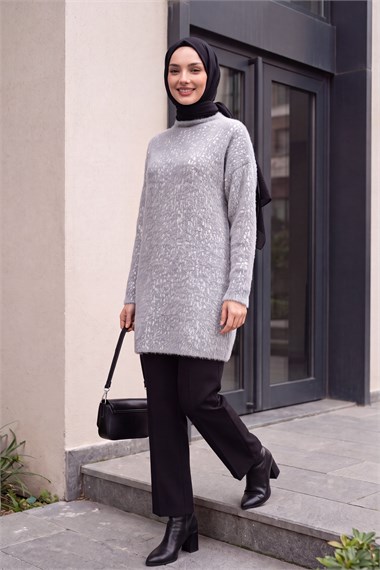 Dik Yaka Desenli Yumoş Triko Tunik  -Açık Gri