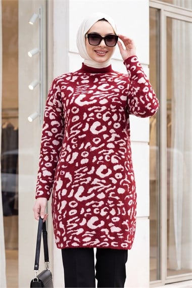 Dik Yaka Desenli Yumoş Triko Tunik  -Bordo