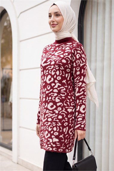 Dik Yaka Desenli Yumoş Triko Tunik  -Bordo