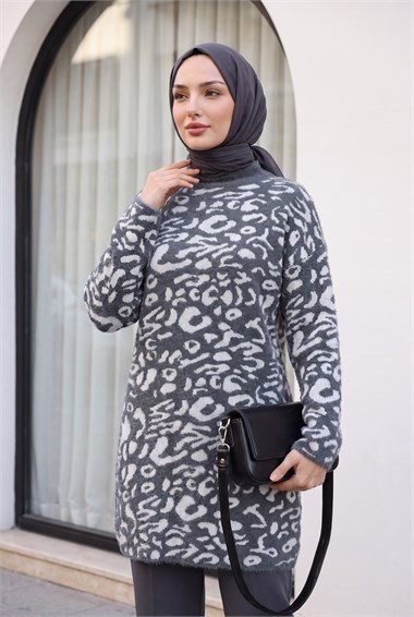 Dik Yaka Desenli Yumoş Triko Tunik  -Füme