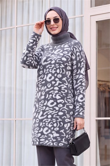 Dik Yaka Desenli Yumoş Triko Tunik  -Füme