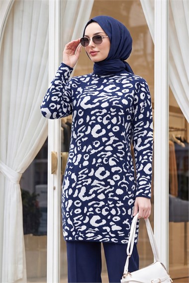 Dik Yaka Desenli Yumoş Triko Tunik  -Lacivert