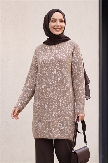 Dik Yaka Desenli Yumoş Triko Tunik  -Toprak