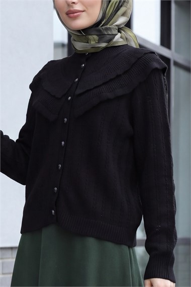 Womens Stand-Collar Ruffle-Detail Openwork Button-Front Knit Cardigan - Black