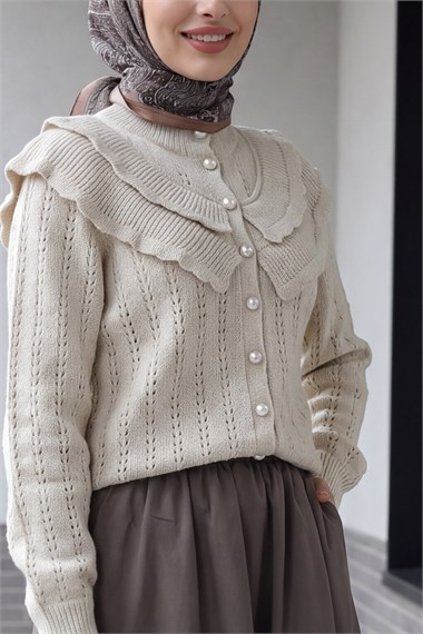 Womens Stand-Collar Ruffle-Detail Openwork Button-Front Knit Cardigan - Stone
