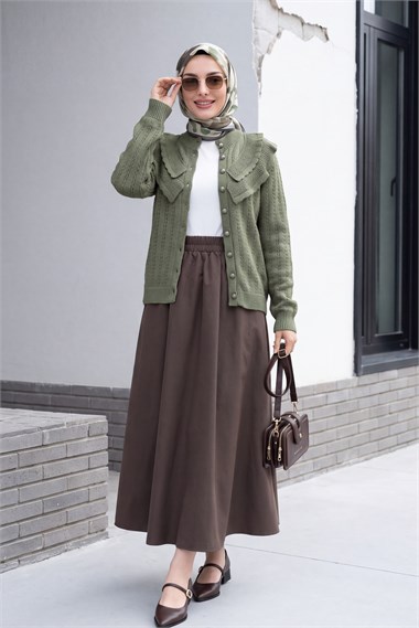Womens Stand-Collar Ruffle-Detail Openwork Button-Front Knit Cardigan - Khaki