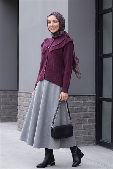 Womens Stand-Collar Ruffle-Detail Openwork Button-Front Knit Cardigan - Plum