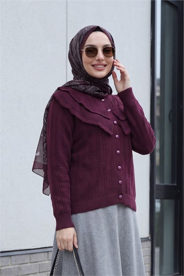 Womens Stand-Collar Ruffle-Detail Openwork Button-Front Knit Cardigan - Plum