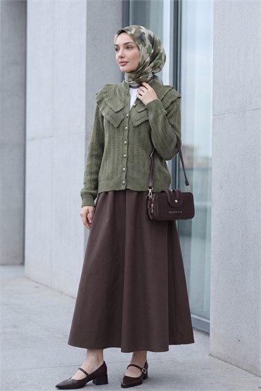 Womens Stand-Collar Ruffle-Detail Openwork Button-Front Knit Cardigan - Khaki