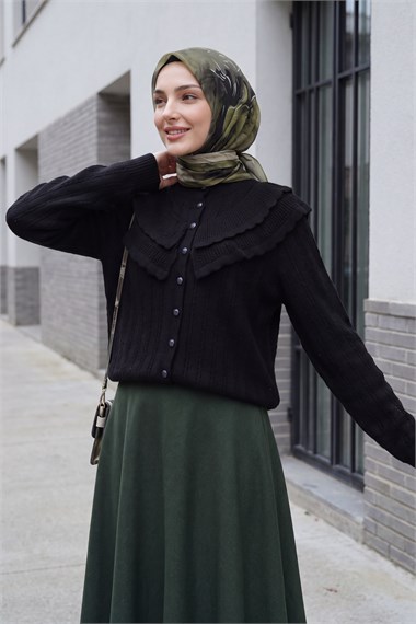 Womens Stand-Collar Ruffle-Detail Openwork Button-Front Knit Cardigan - Black