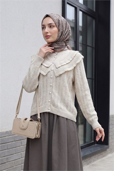 Womens Stand-Collar Ruffle-Detail Openwork Button-Front Knit Cardigan - Stone