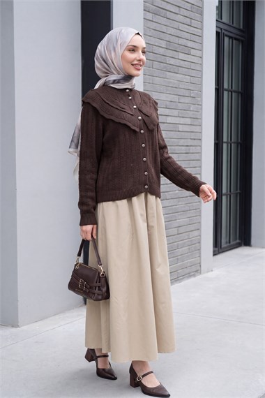 Womens Stand-Collar Ruffle-Detail Openwork Button-Front Knit Cardigan - Dark Brown