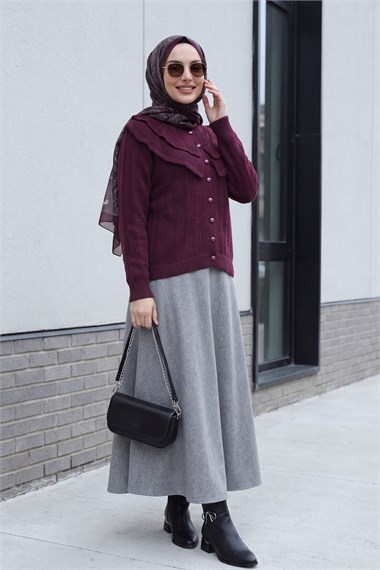 Womens Stand-Collar Ruffle-Detail Openwork Button-Front Knit Cardigan - Plum
