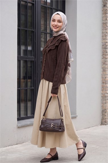 Womens Stand-Collar Ruffle-Detail Openwork Button-Front Knit Cardigan - Dark Brown