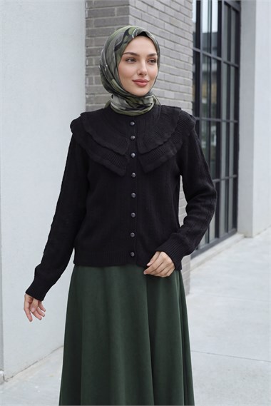 Womens Stand-Collar Ruffle-Detail Openwork Button-Front Knit Cardigan - Black