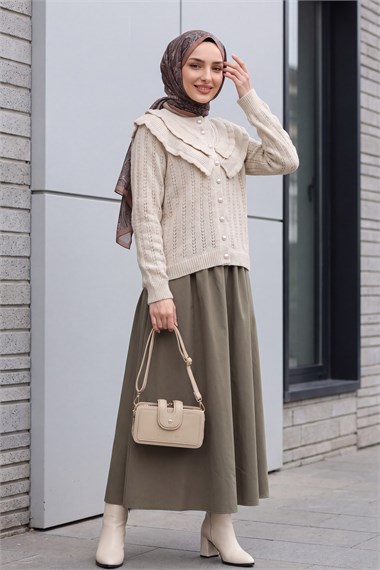 Womens Stand-Collar Ruffle-Detail Openwork Button-Front Knit Cardigan - Stone