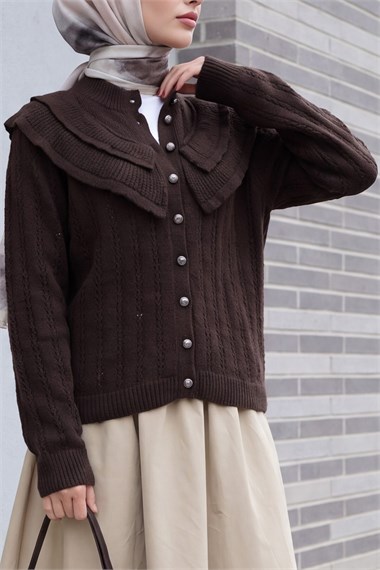 Womens Stand-Collar Ruffle-Detail Openwork Button-Front Knit Cardigan - Dark Brown