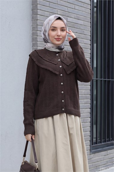 Womens Stand-Collar Ruffle-Detail Openwork Button-Front Knit Cardigan - Dark Brown