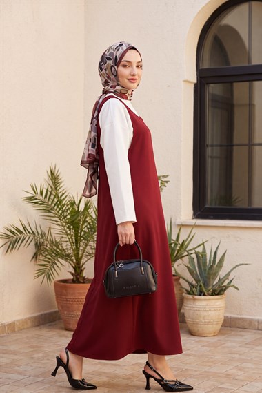 Dik Yaka Uzun Kol Bluzlu Dabıl Krep Jile Takım -Bordo