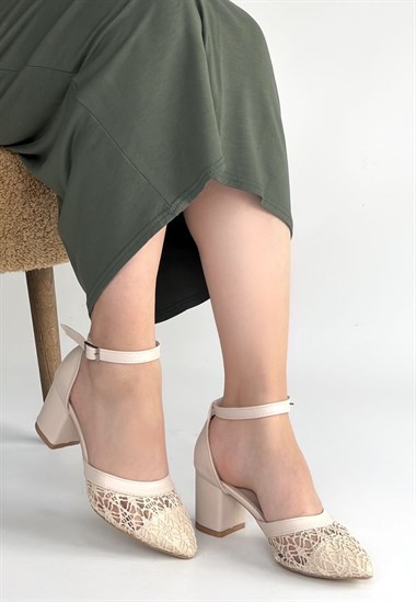 Dmop Cilt Tül Detaylı Topuklu Ayakkabı -Bej